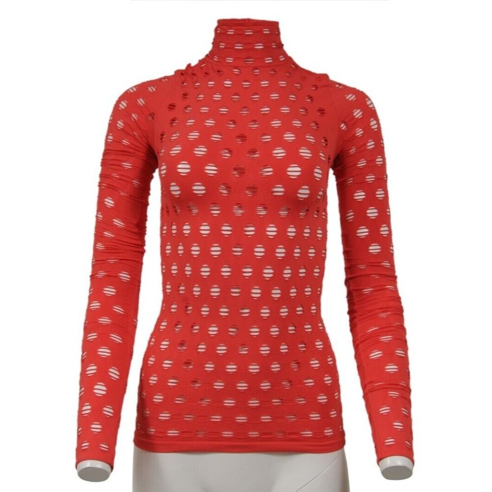 Maisie Wilen Womens Perforated Mock Neck Long Sleeve Red Nylon Top Stretch
